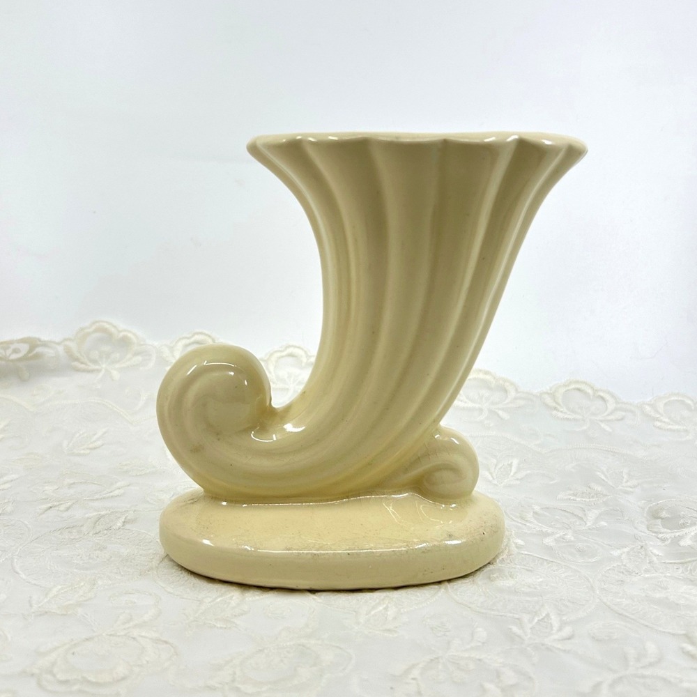 Vintage USA Pottery Cream Cornucopia Planter Vase Art Deco Style Quiet Luxury